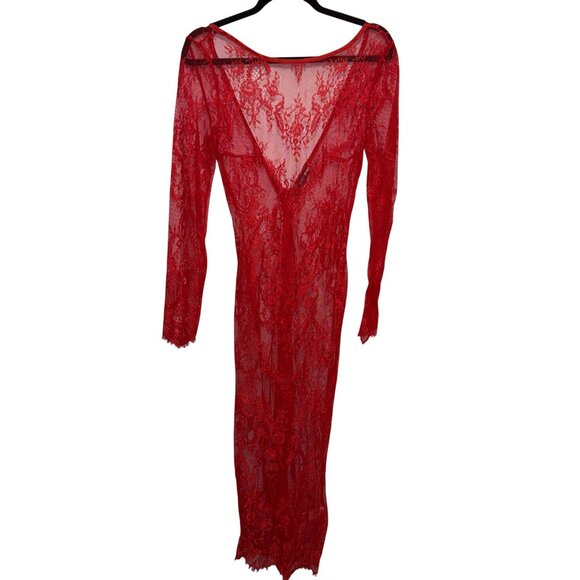Fashion Nova Dresses & Skirts - Sheer Red Lace Long-Sleeve Maxi Dress Deep V-Back By Fashion Nova Size M